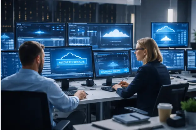 IT professionals performing backup data recovery in a modern office using multiple monitors and cloud-based systems in South Dakota